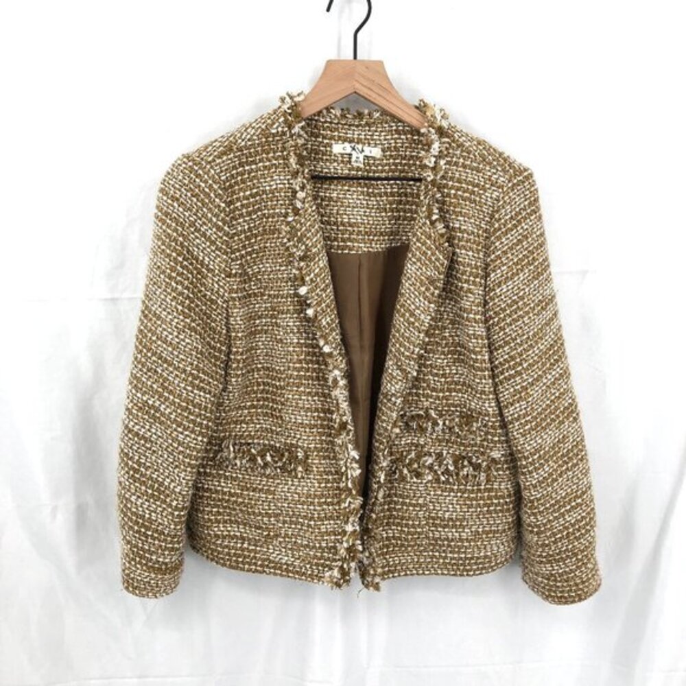 CABI “Phoebe” Metallic Tweed Fringe Blazer boucle knit jacket gold bronze M
